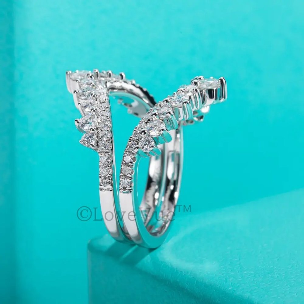 Elegant Diamond Moissanite Chevron Ring Band Enhancer - Picture 4 of 16